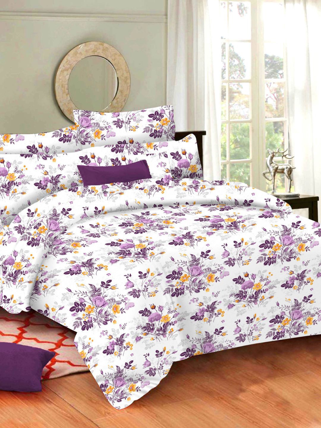 

Sleeping Owls- because your sleep matters Purple & White Floral 144 TC Queen Bedsheet with 2 Pillow Covers