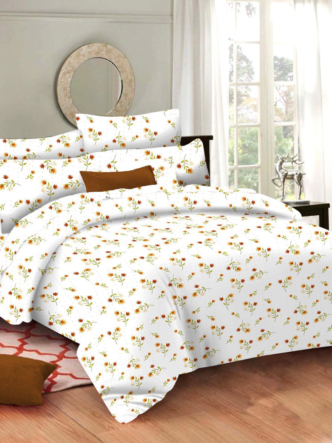

Sleeping Owls- because your sleep matters Brown & White Floral 144 TC Queen Bedsheet with 2 Pillow Covers