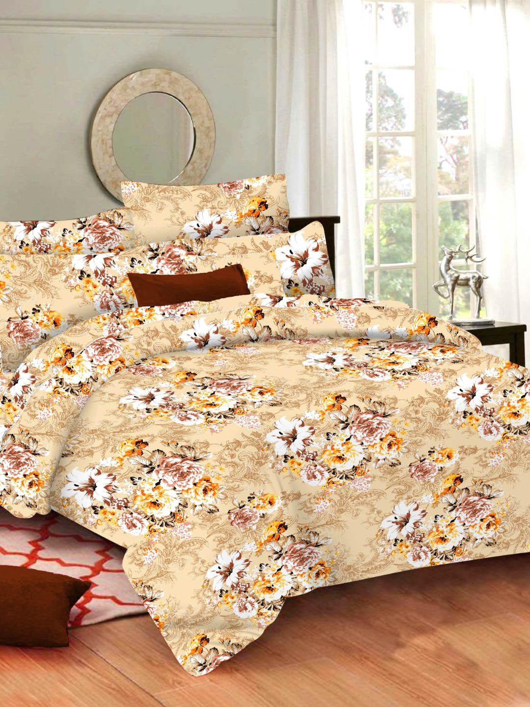 

Sleeping Owls- because your sleep matters Beige & White Floral 144 TC Queen Bedsheet with 2 Pillow Covers