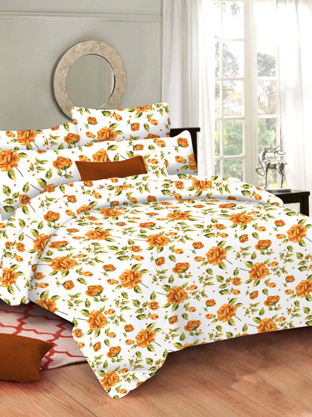 

Sleeping Owls- because your sleep matters White 144 TC Queen Bedsheet &2 Pillow Covers, Orange