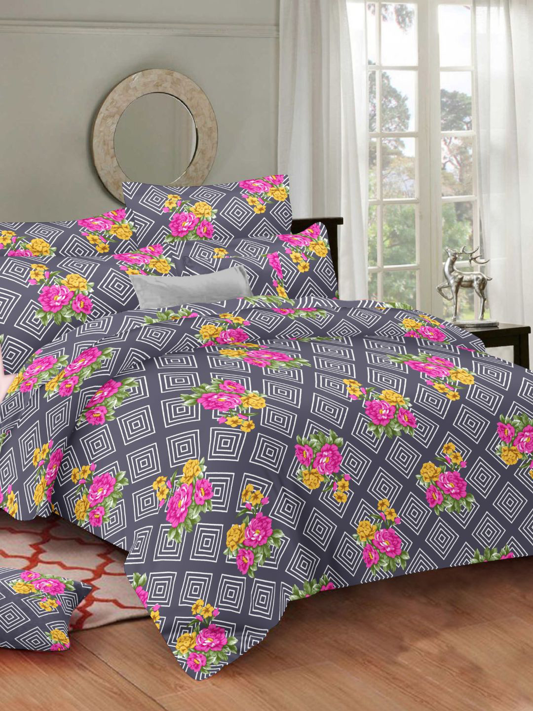 

Sleeping Owls- because your sleep matters Navy Blue & Pink Floral 144 TC Queen Bedsheet with 2 Pillow Covers