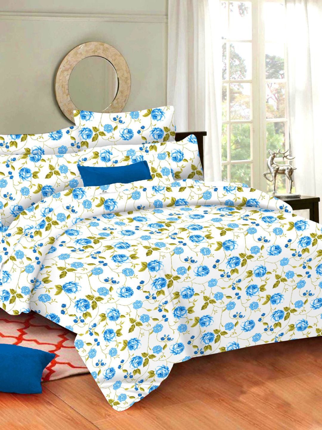 

Sleeping Owls- because your sleep matters White & Blue Floral 144 TC Queen Bedsheet with 2 Pillow Covers