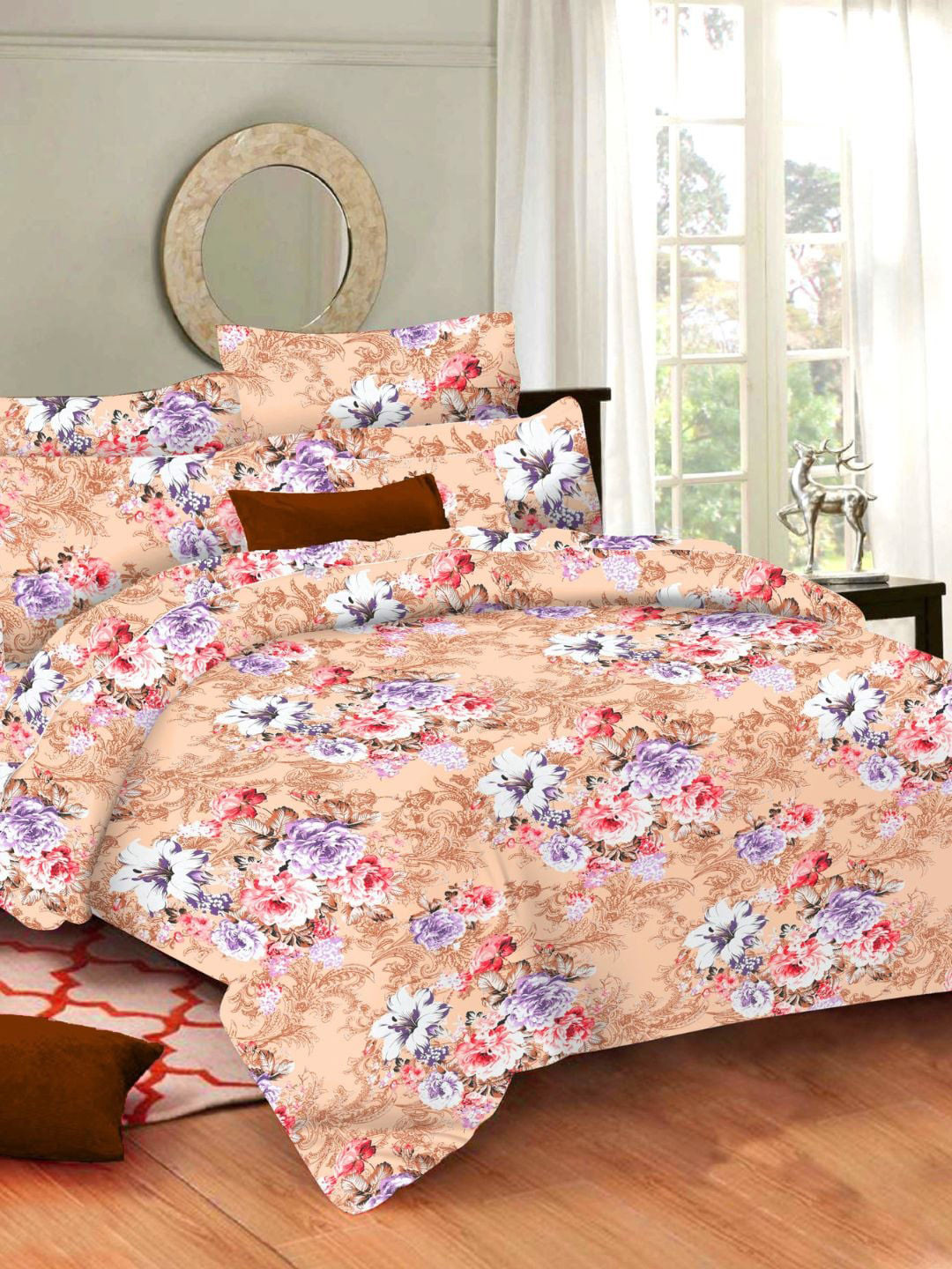 

Sleeping Owls- because your sleep matters Peach-Coloured & Purple Floral 144 TC Queen Bedsheet with 2 Pillow