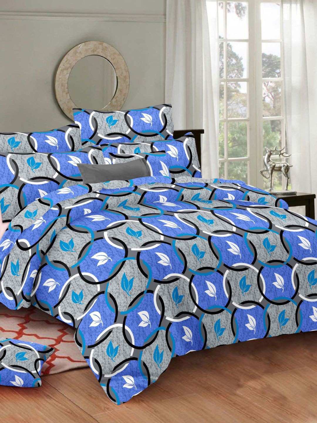 

Sleeping Owls- because your sleep matters Blue & White Geometric 144 TC Queen Bedsheet with 2 Pillow Covers