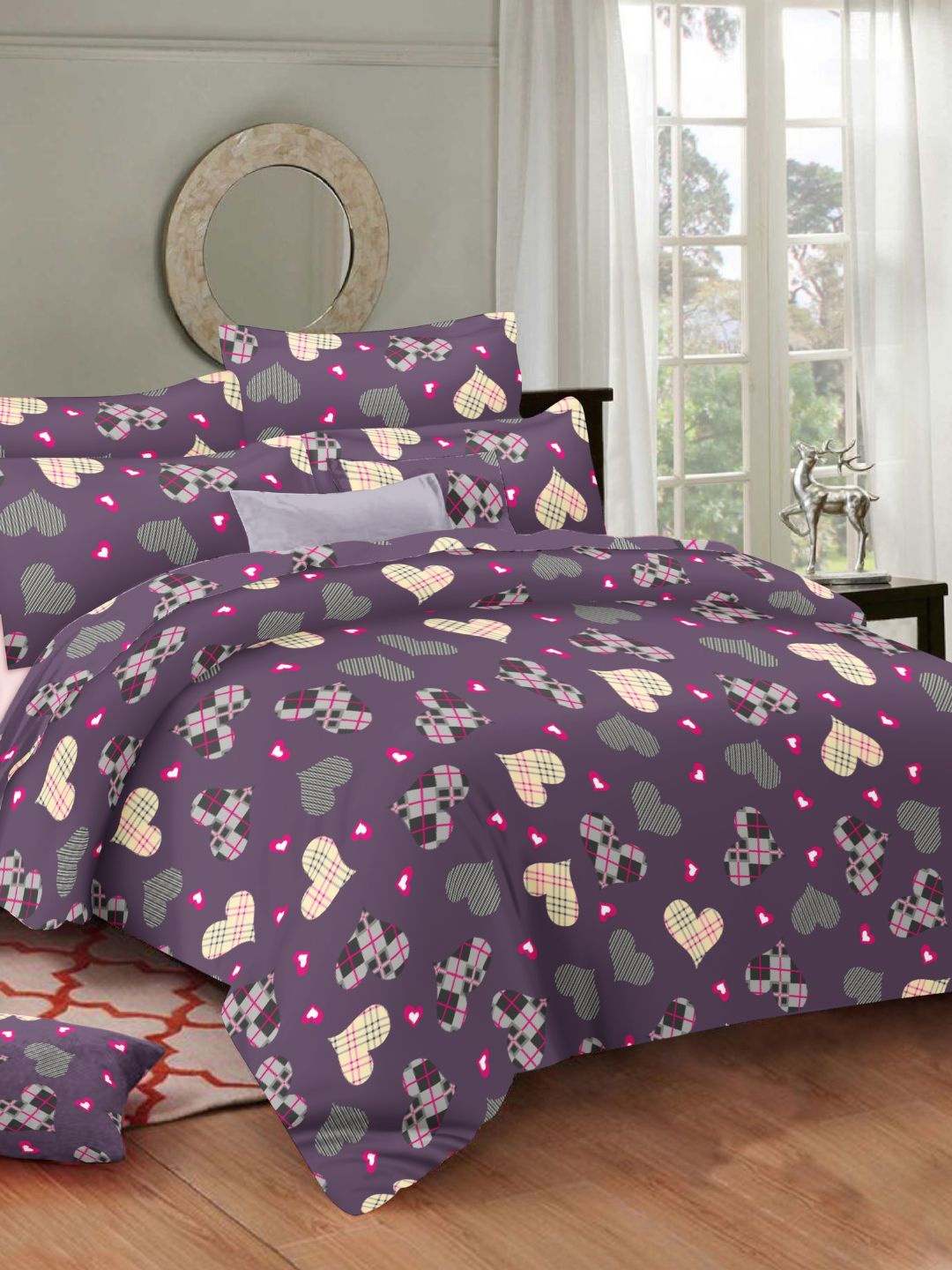 

Sleeping Owls- because your sleep matters Purple & Grey Graphic 144 TC Queen Bedsheet with 2 Pillow Covers