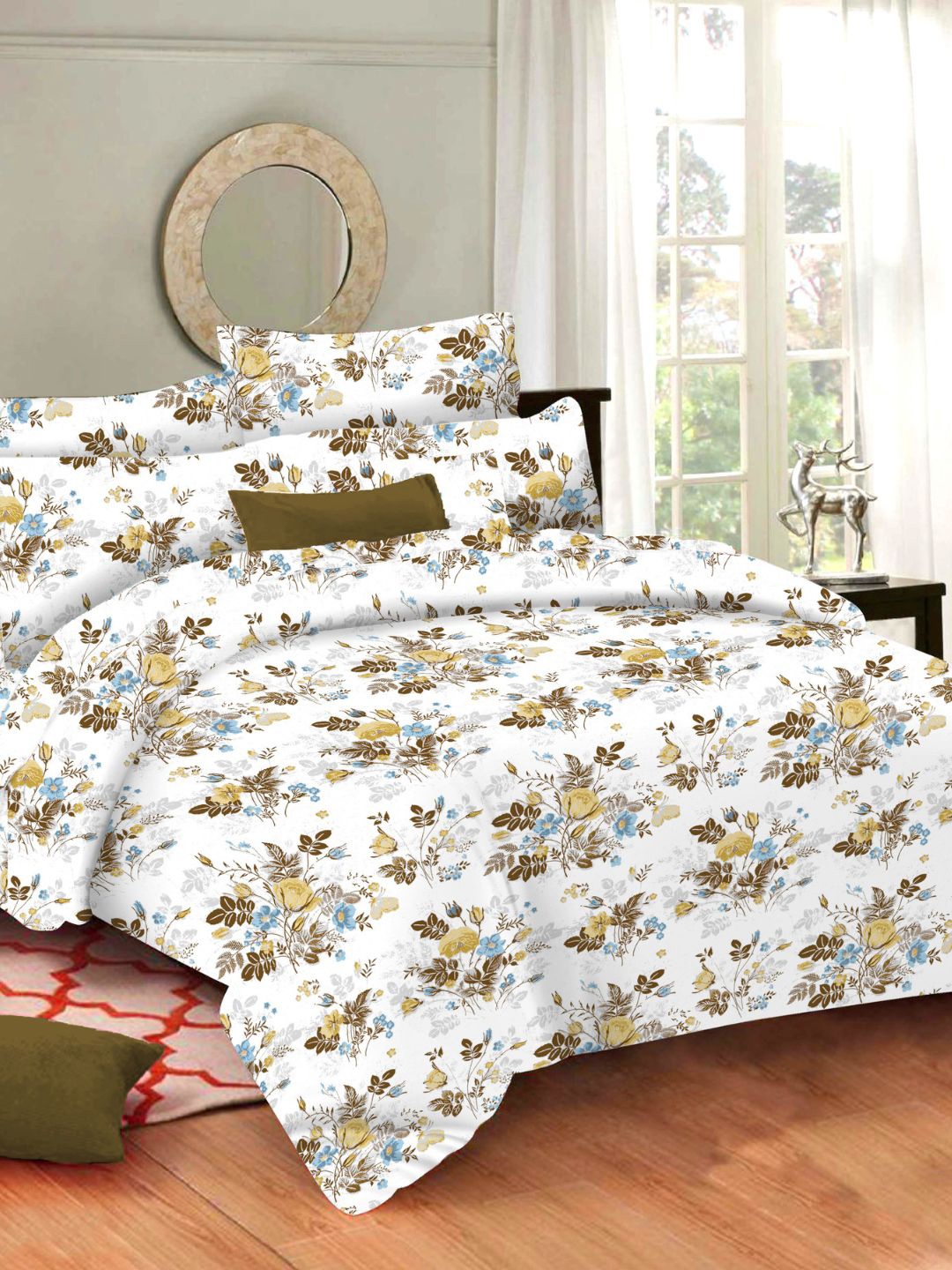 

Sleeping Owls- because your sleep matters Brown & White Floral 144 TC Queen Bedsheet with 2 Pillow Covers
