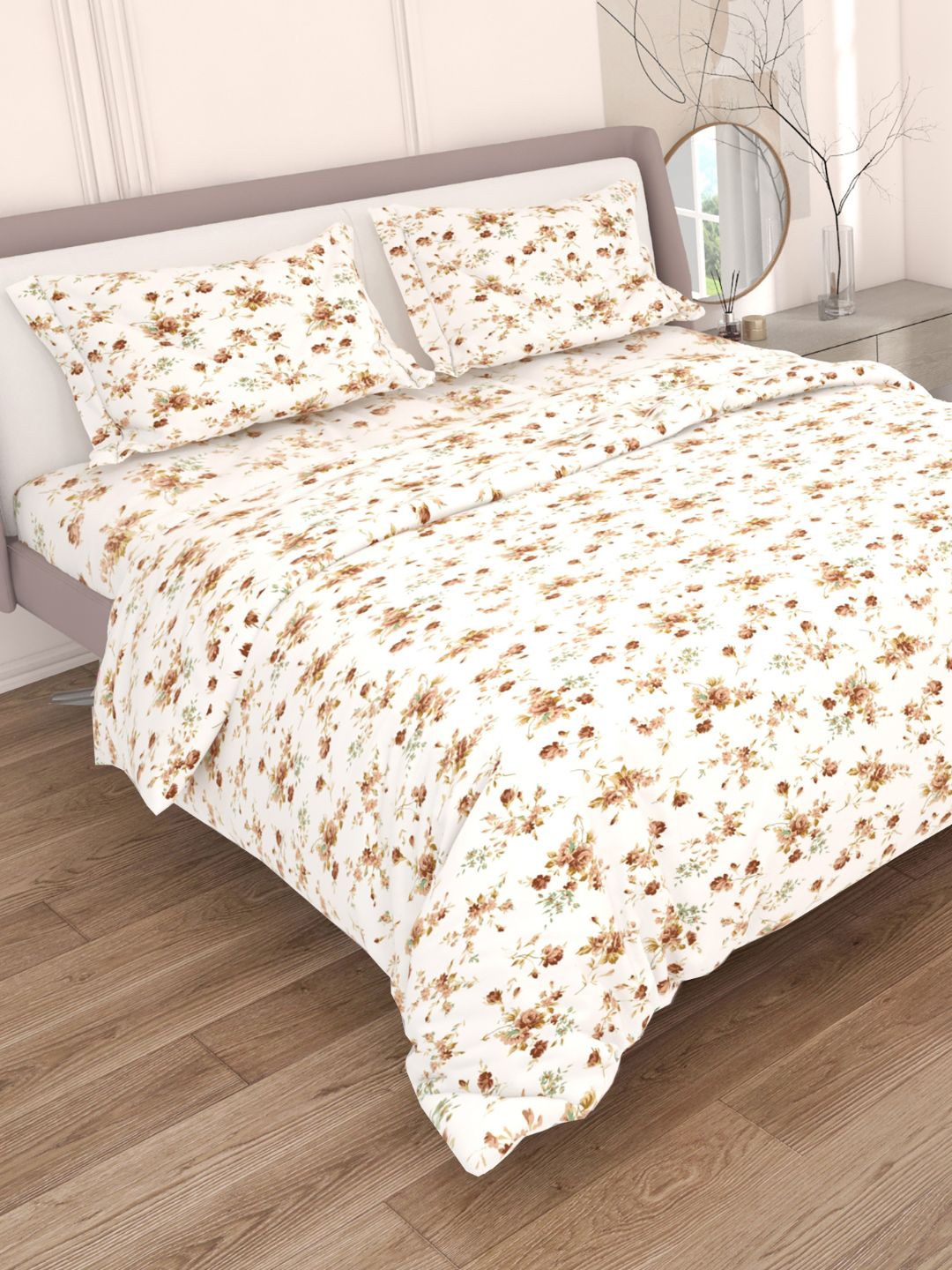 

Sleeping Owls- because your sleep matters Orange & White Floral 144 TC Queen Bedsheet with 2 Pillow Covers