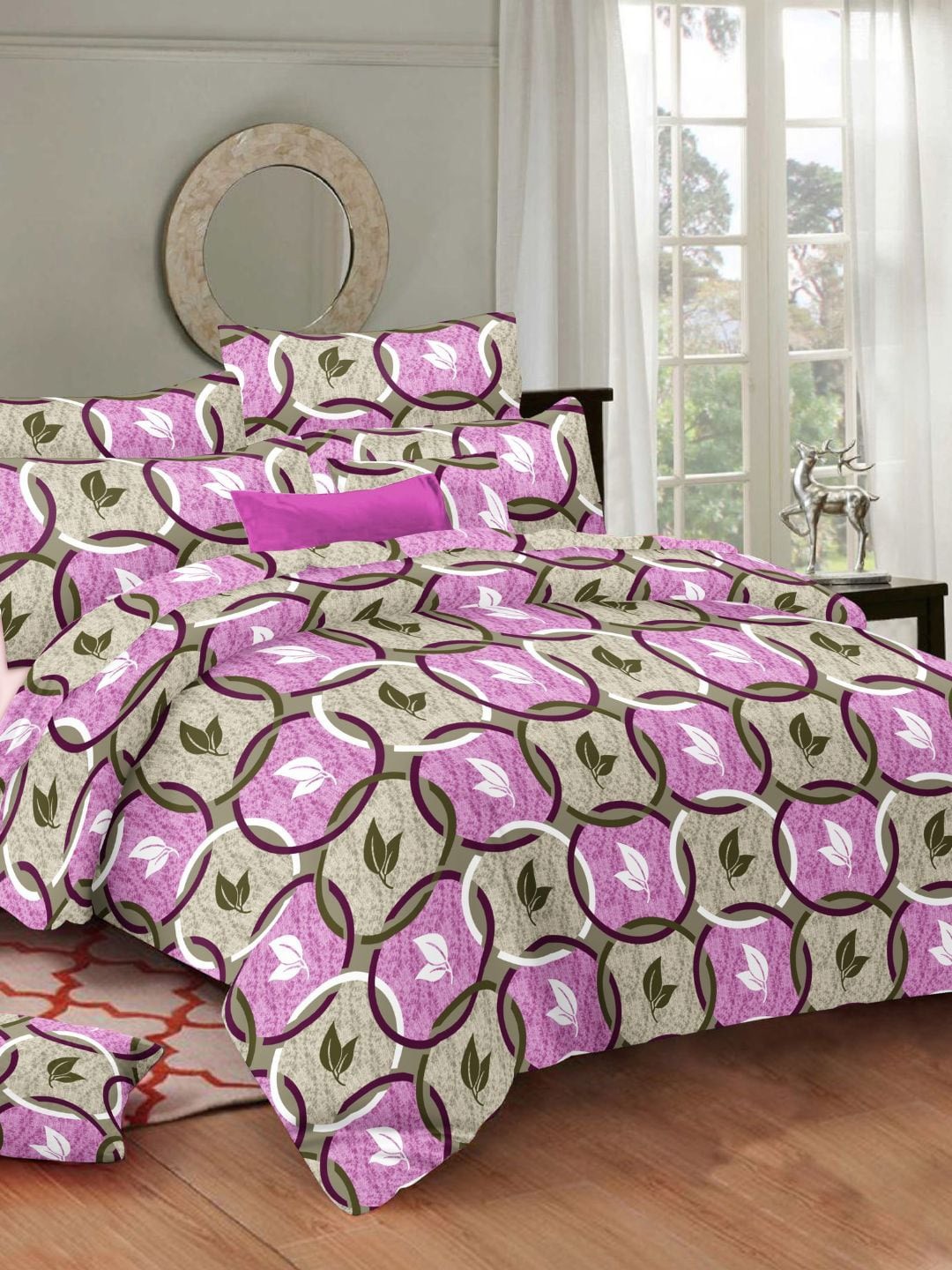 

Sleeping Owls- because your sleep matters Purple & Green 144 TC Queen Bedsheet & 2 Pillows