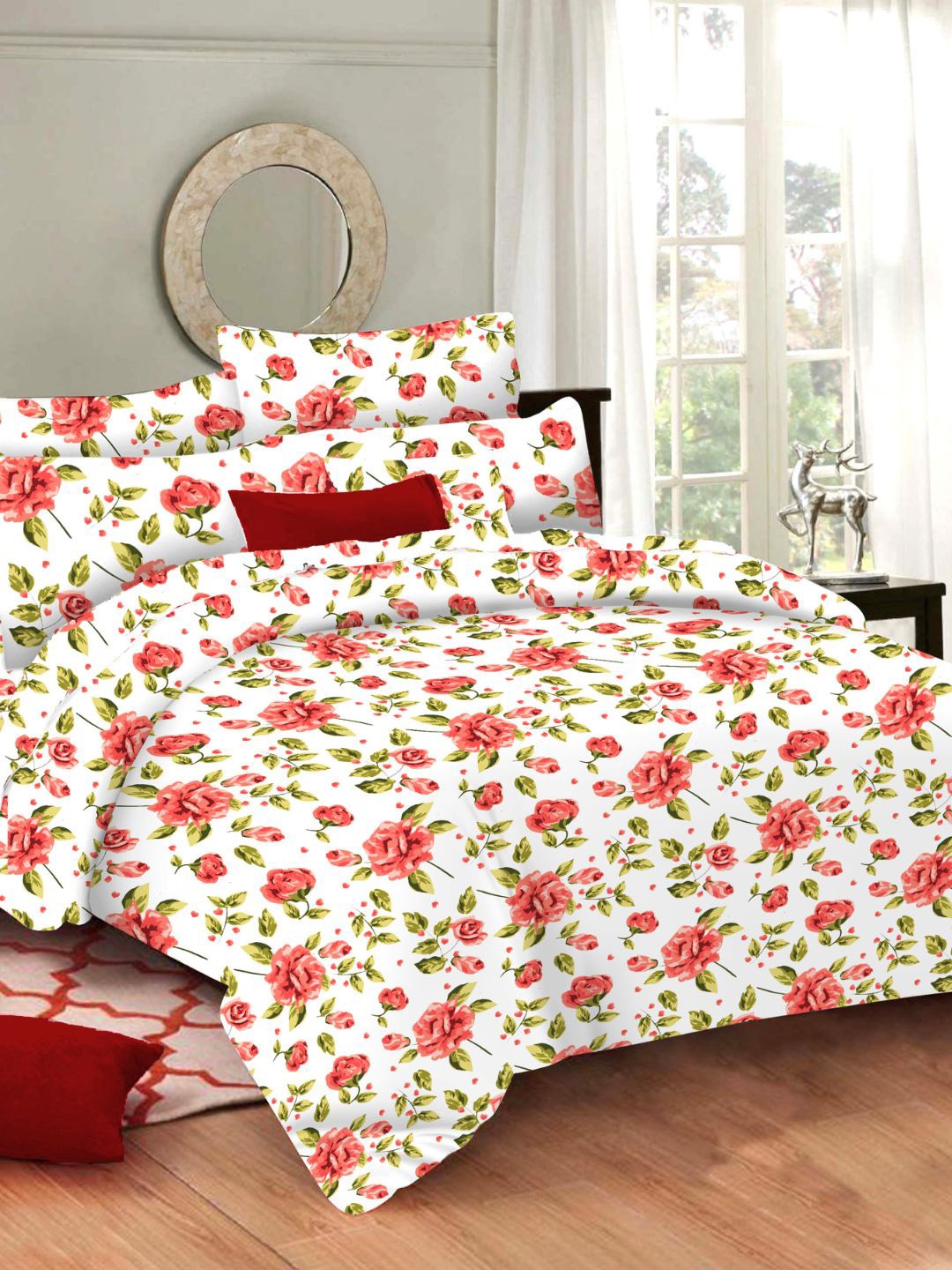 

Sleeping Owls- because your sleep matters Pink & Green Floral 144 TC Queen Bedsheet with 2 Pillow Covers