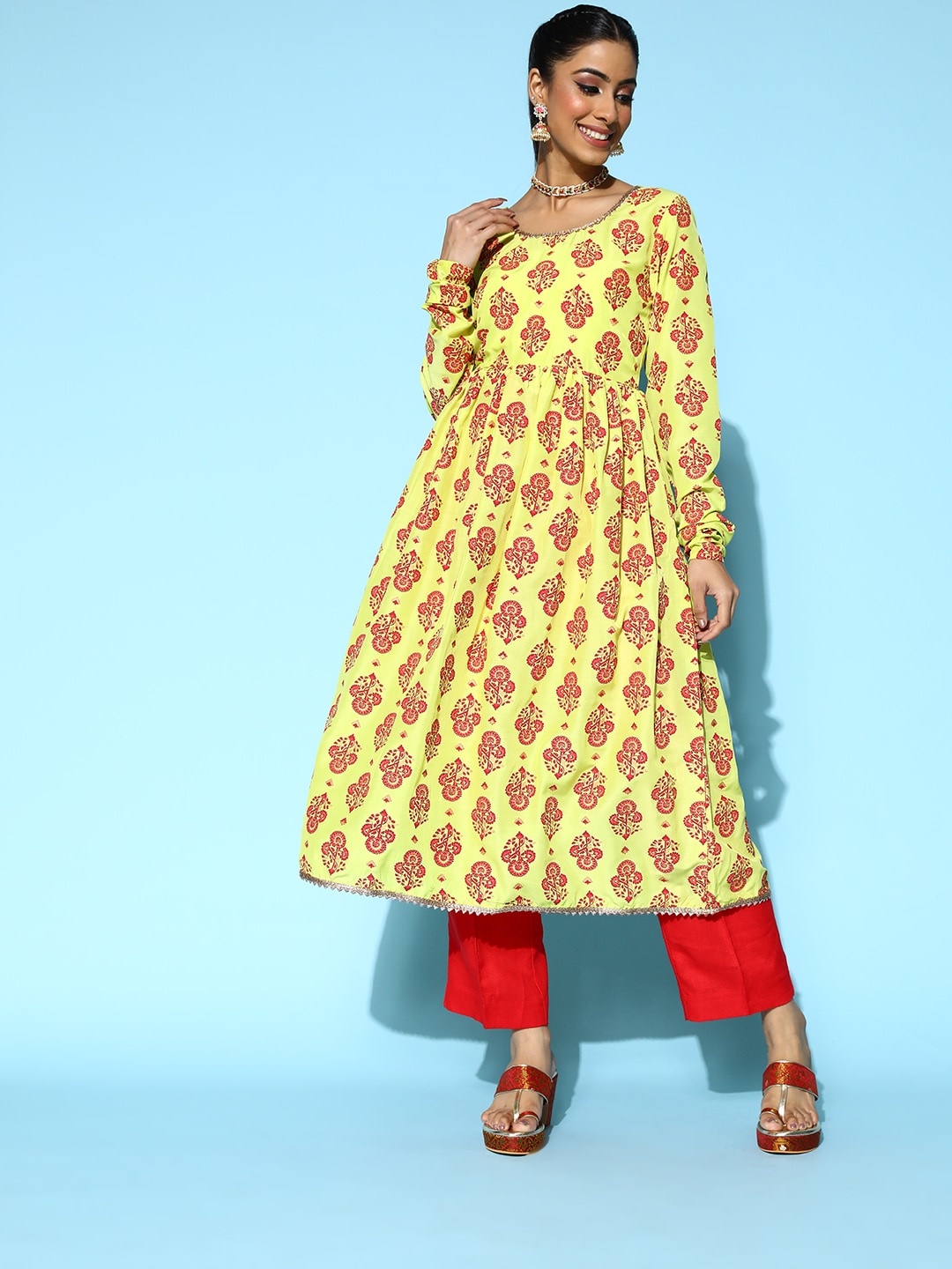 

HERE&NOW Women Yellow & Red Ethnic Motifs Printed Gotta Patti Kurta