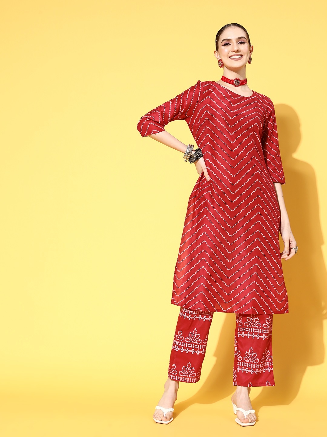 

HERE&NOW Women Bandhani Polyester Print Parade Kurta Set, Red