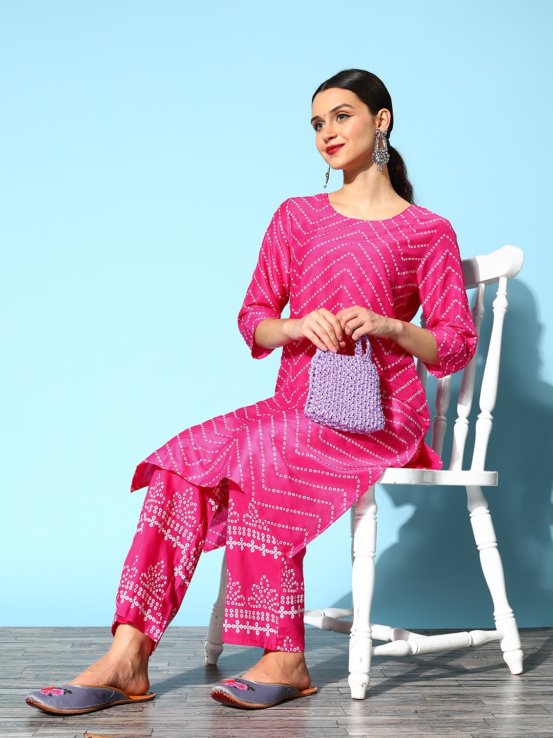 

HERE&NOW Women Ethnic Motifs Polyester Fusion Bottom Kurta Set, Magenta