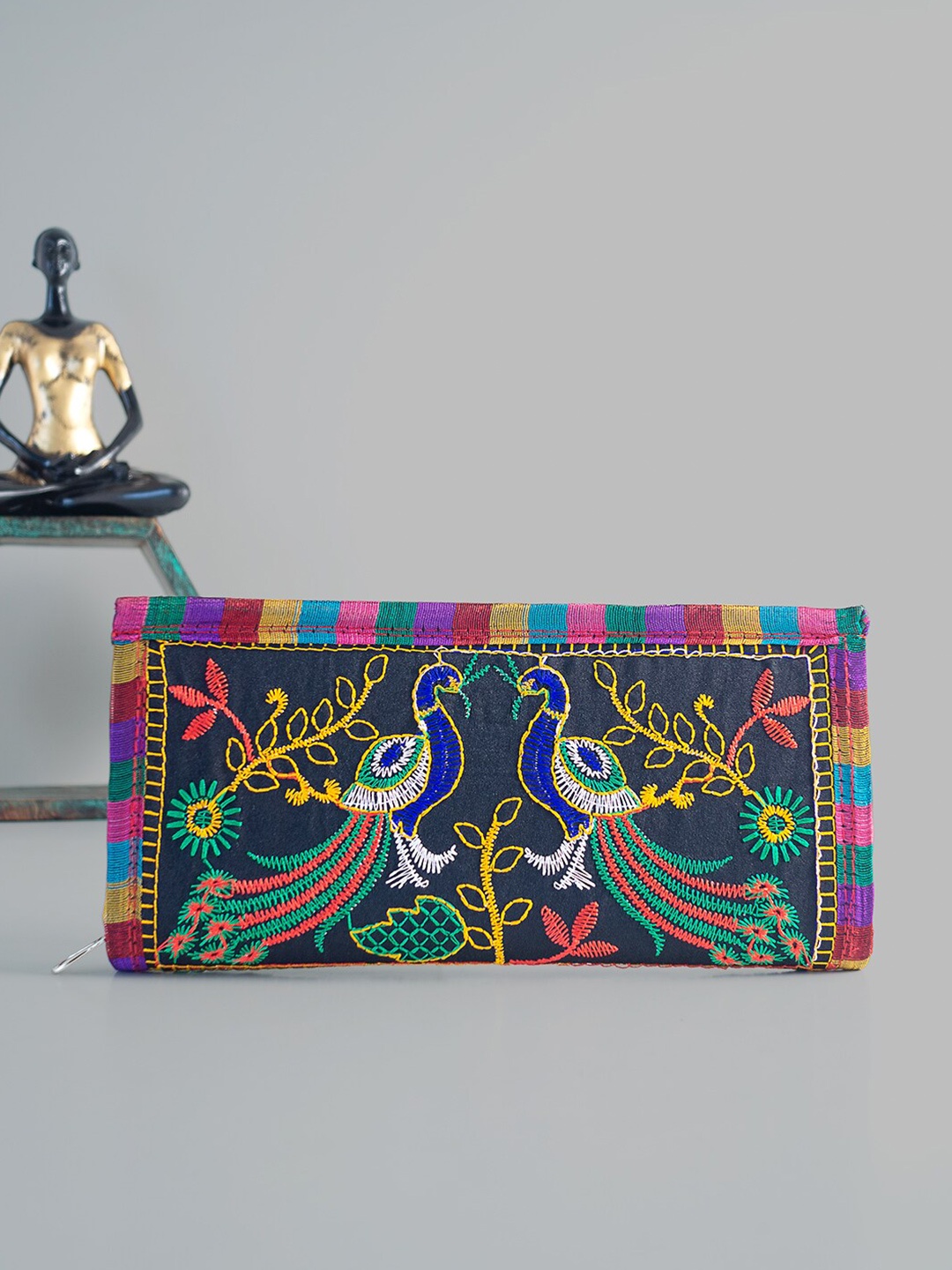 

Golden Peacock Women Black & Blue Ethnic Motifs Zip Detail Zip Around Wallet