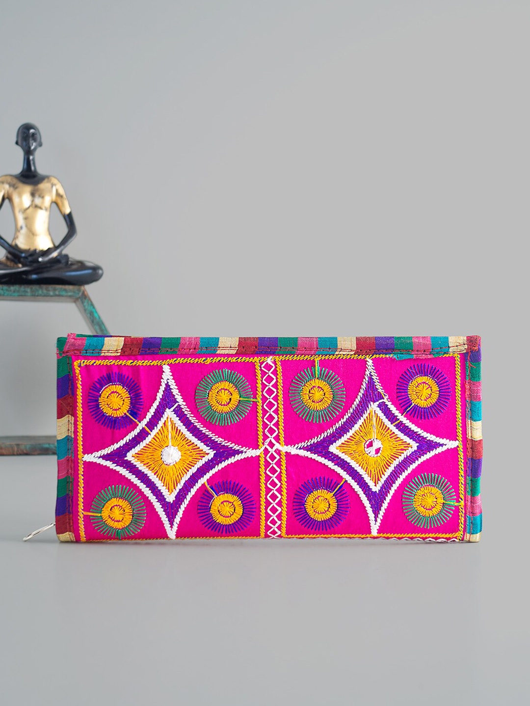 

Golden Peacock Women Pink & Blue Ethnic Motifs Zip Detail Zip Around Wallet