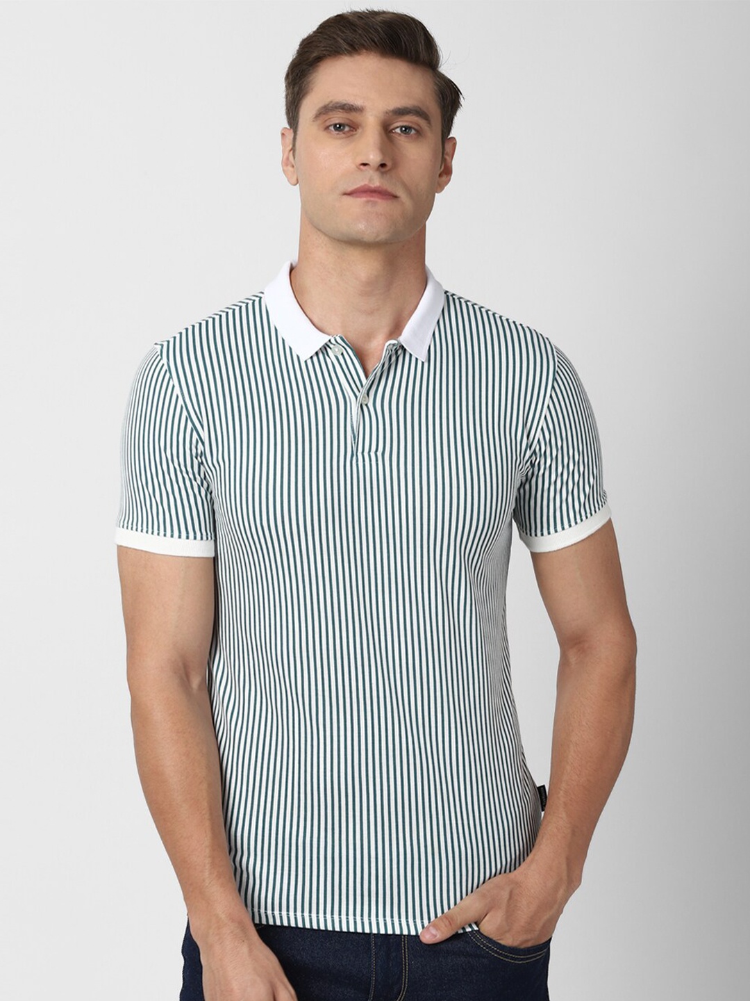 

V Dot Men Green Striped Polo Collar Slim Fit T-shirt
