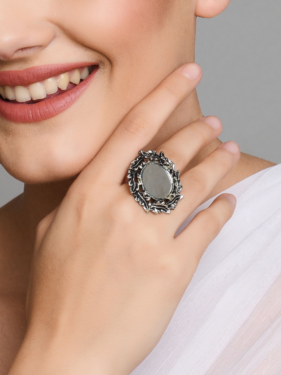 

Fida Women Oxidized Silver-Plated Mirror Studded Finger Ring