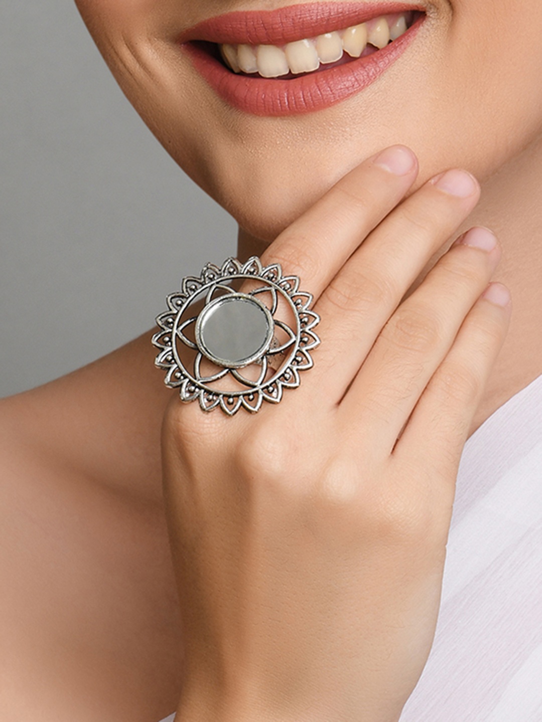 

Fida Silver-Plated Silver Mirror Studded Adjustable Finger Ring