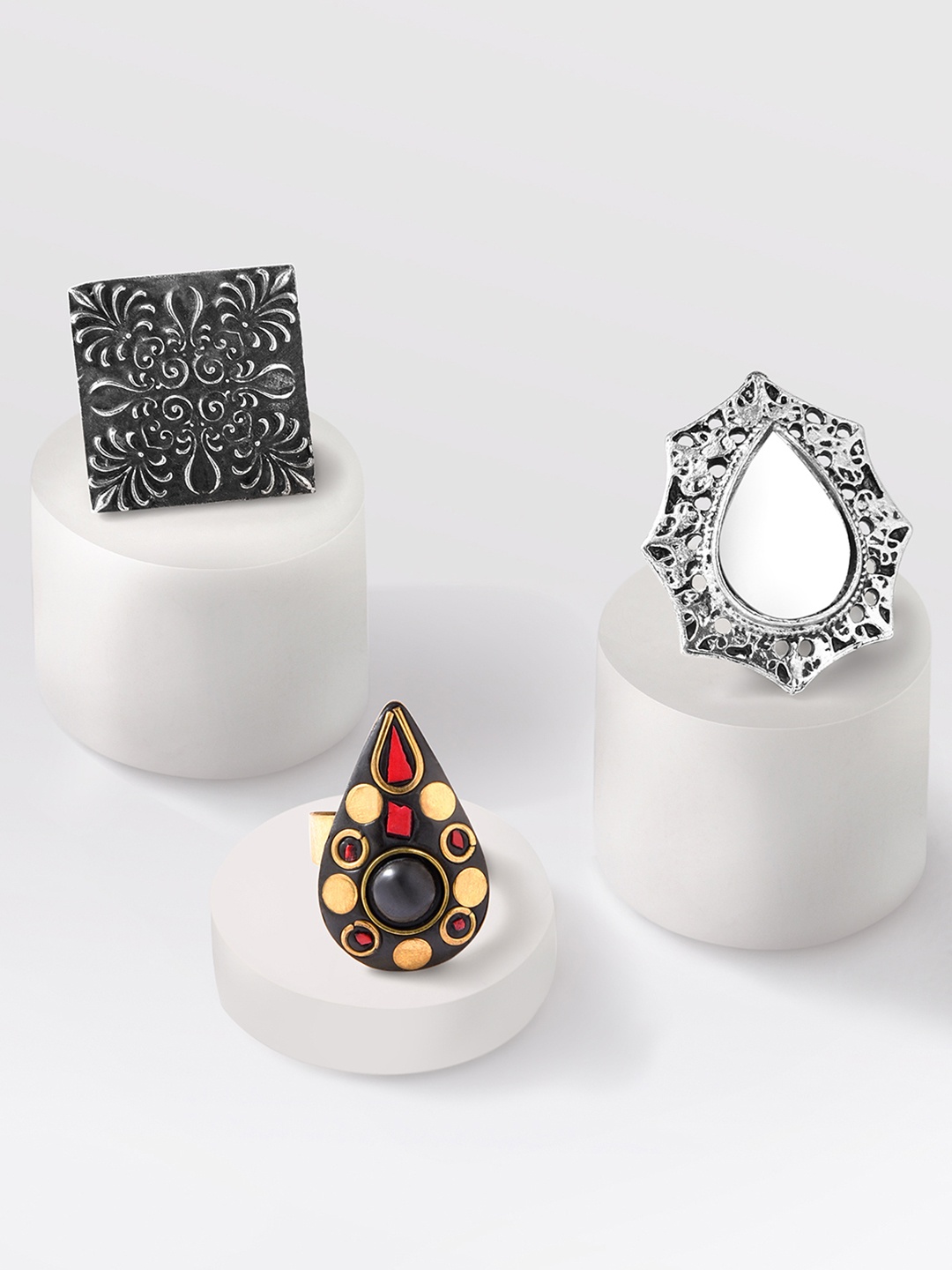 

Fida Women Set of 3 Silver Plated Oxidized Mirror Finger Rings