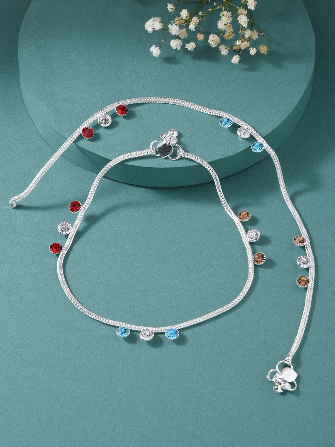

Fida Women Ethnic Silver-Plated Stones Studded Anklets, Multi