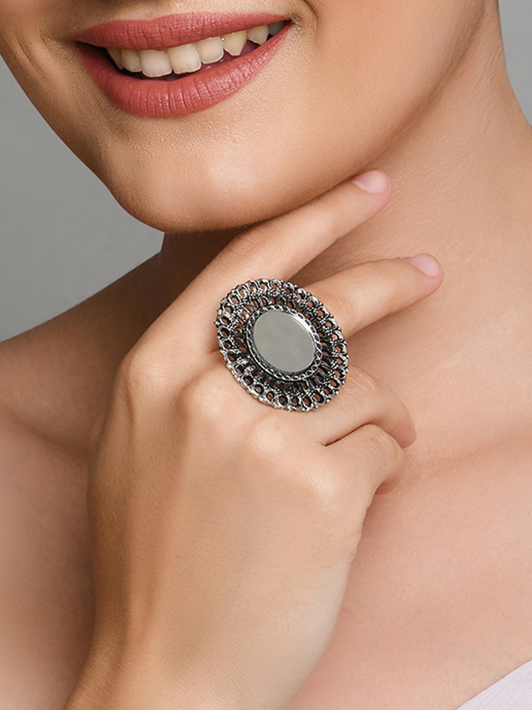 

Fida Silver-Plated Silver Mirror Studded Adjustable Oxidized Finger Ring