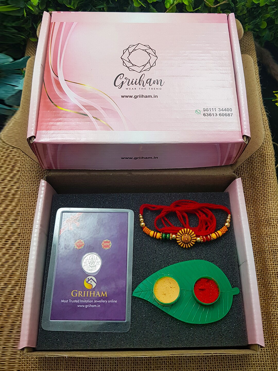 

GRIIHAM Rakhi With 1gm 999 purity Silver Coin and Haldi Kumkum Box, Multi