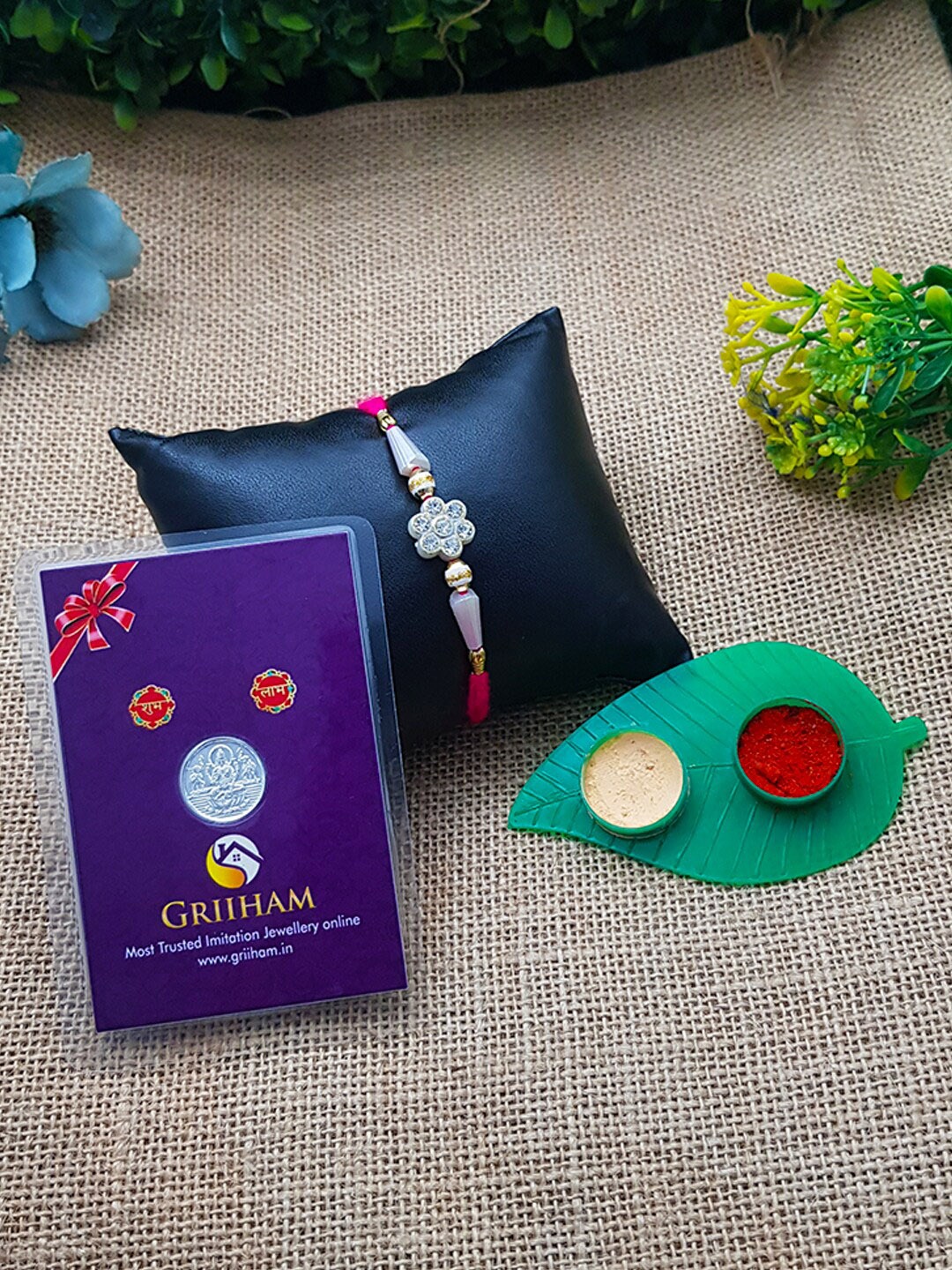 

GRIIHAM Rakhi with 999 purity Silver Coin & Haldi Kumkum Box, Multi