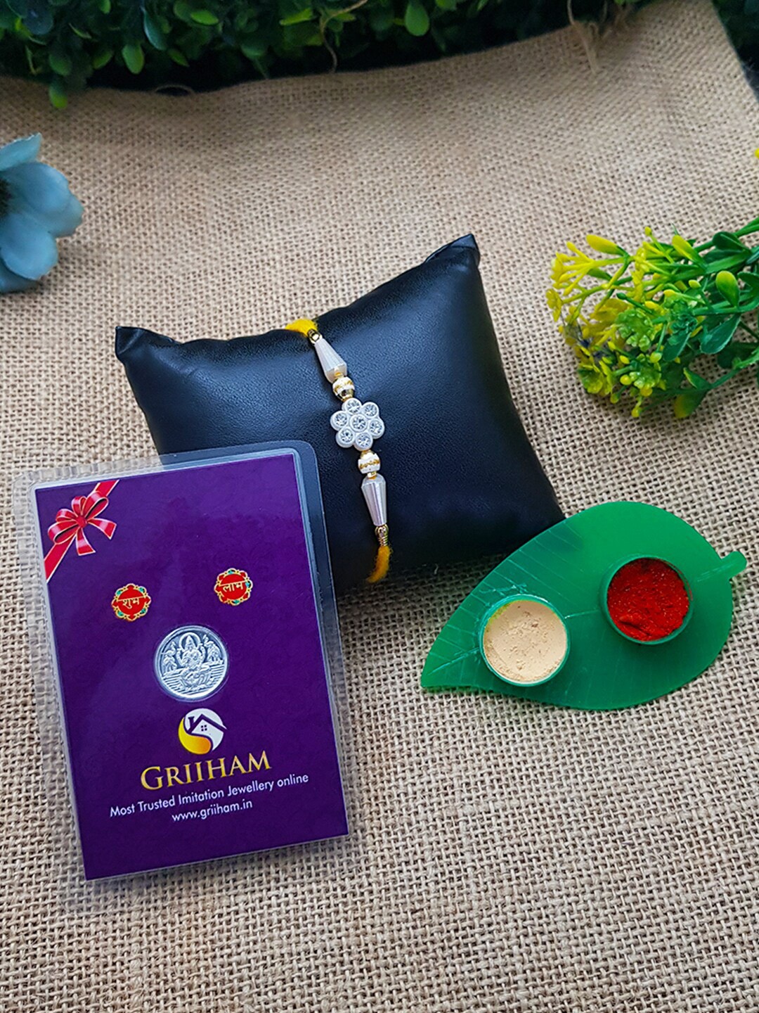 

GRIIHAM Rakhi with 999 purity Silver Coin and Haldi Kumkum Box, Multi