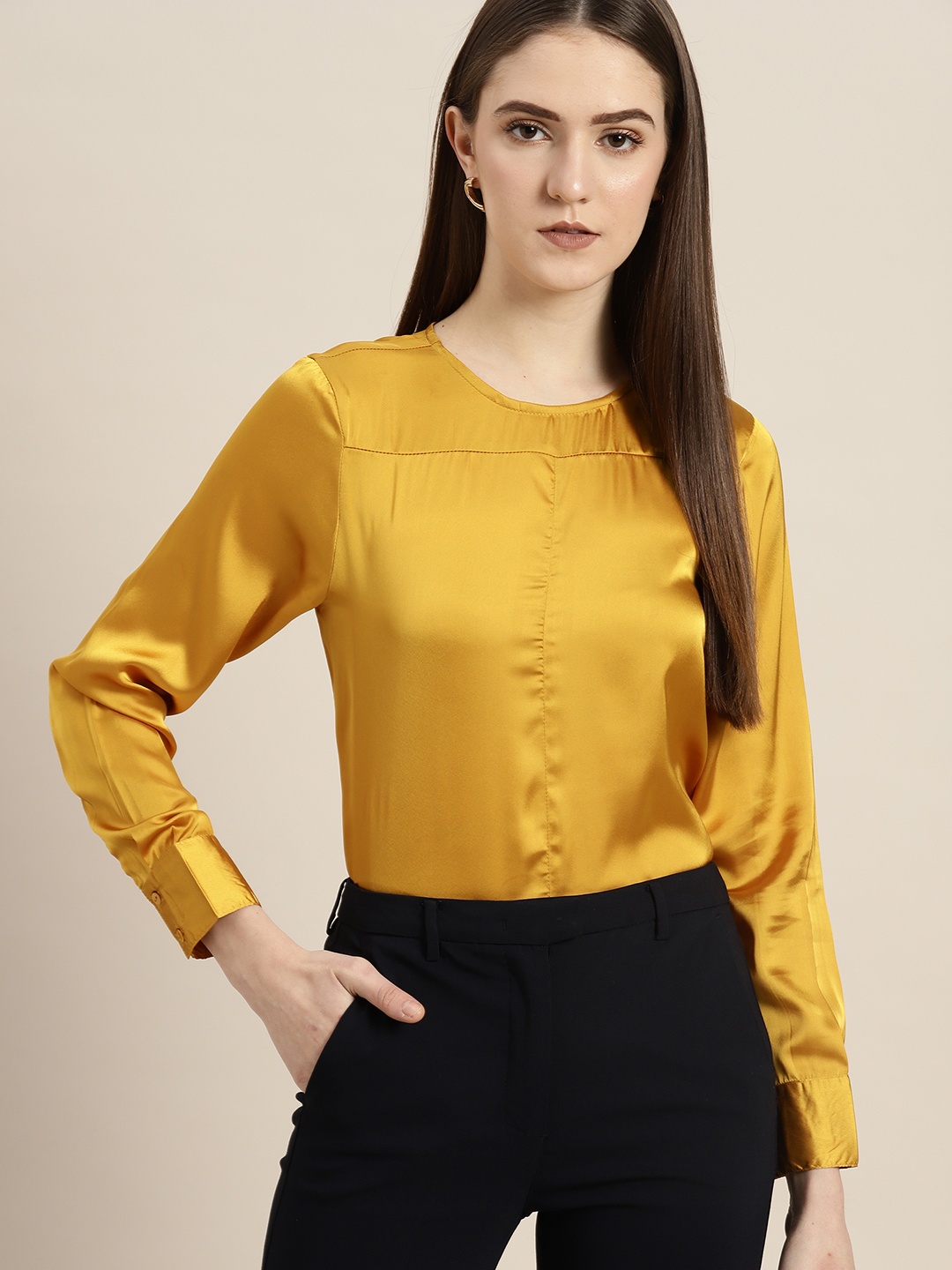 

her by invictus Solid Cuffed Sleeves Satin Top, Mustard