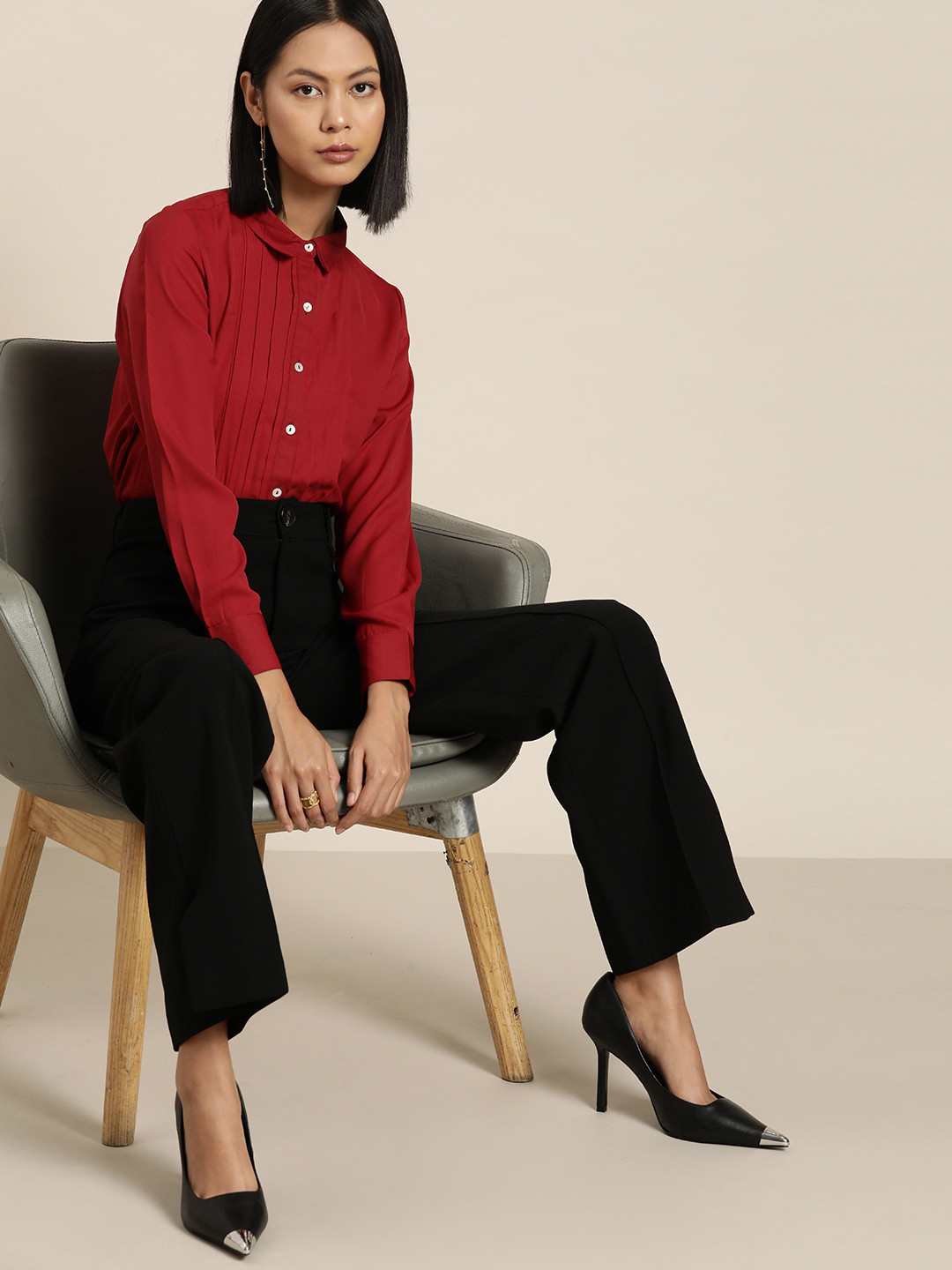 

her by invictus Pin Tucks Detail Casual Shirt, Maroon