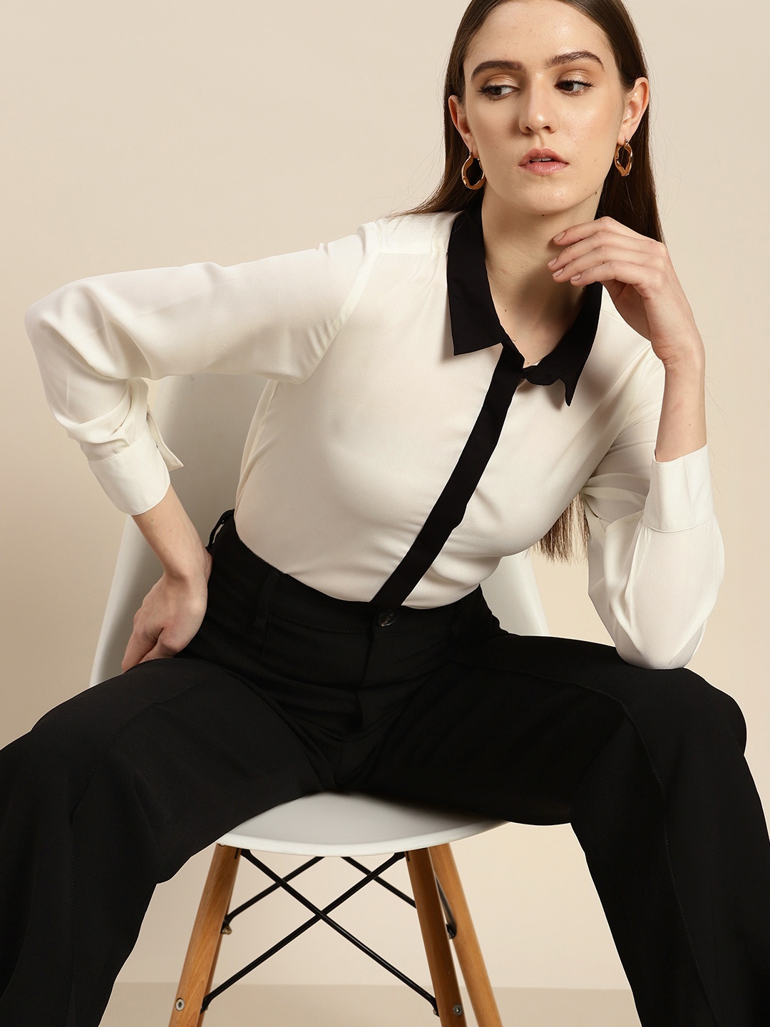 

her by invictus Women Contrast Collar Casual Shirt, White