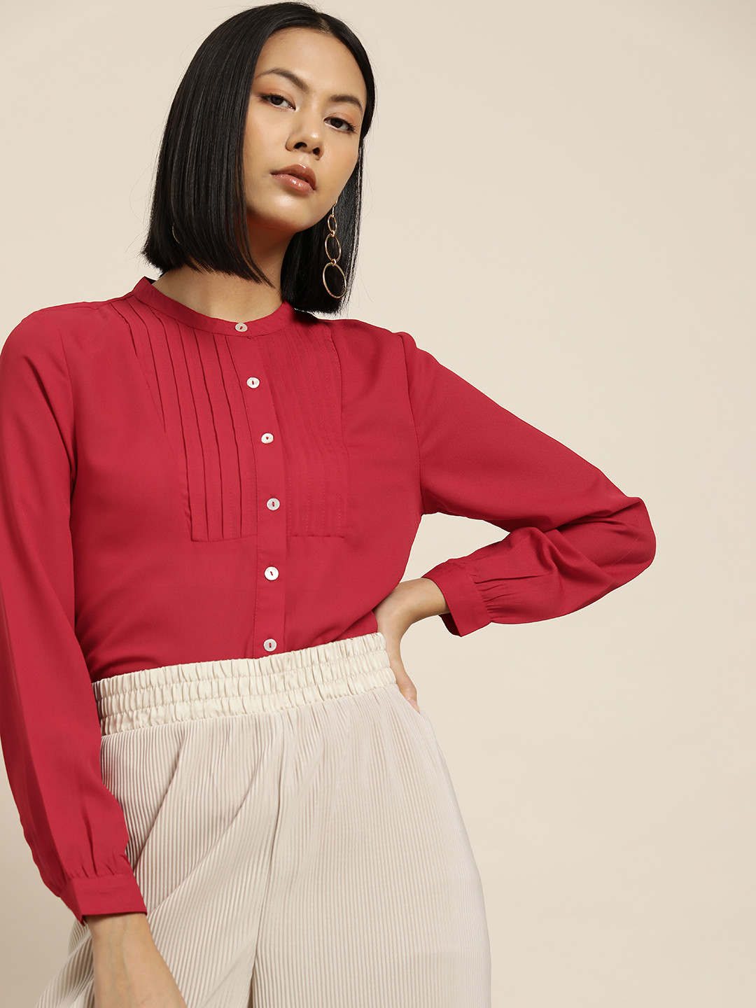 

her by invictus Women Pintucks Band Collar Formal Shirt, Red