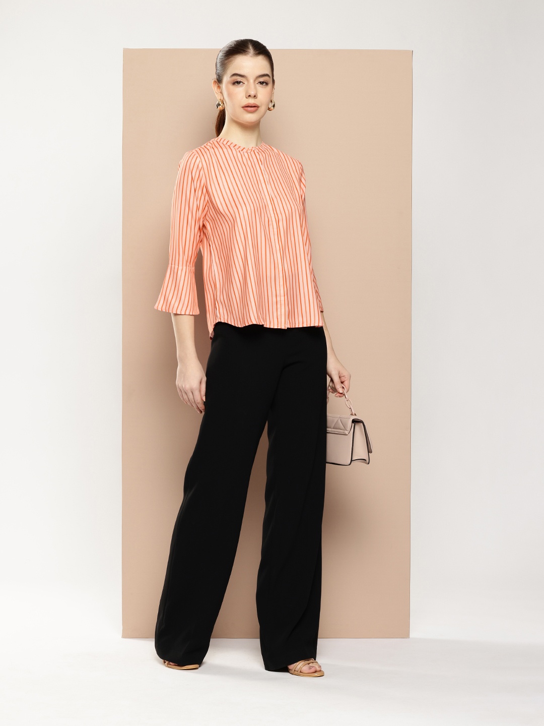 

her by invictus Striped Bell Sleeve Shirt Style Top, Peach