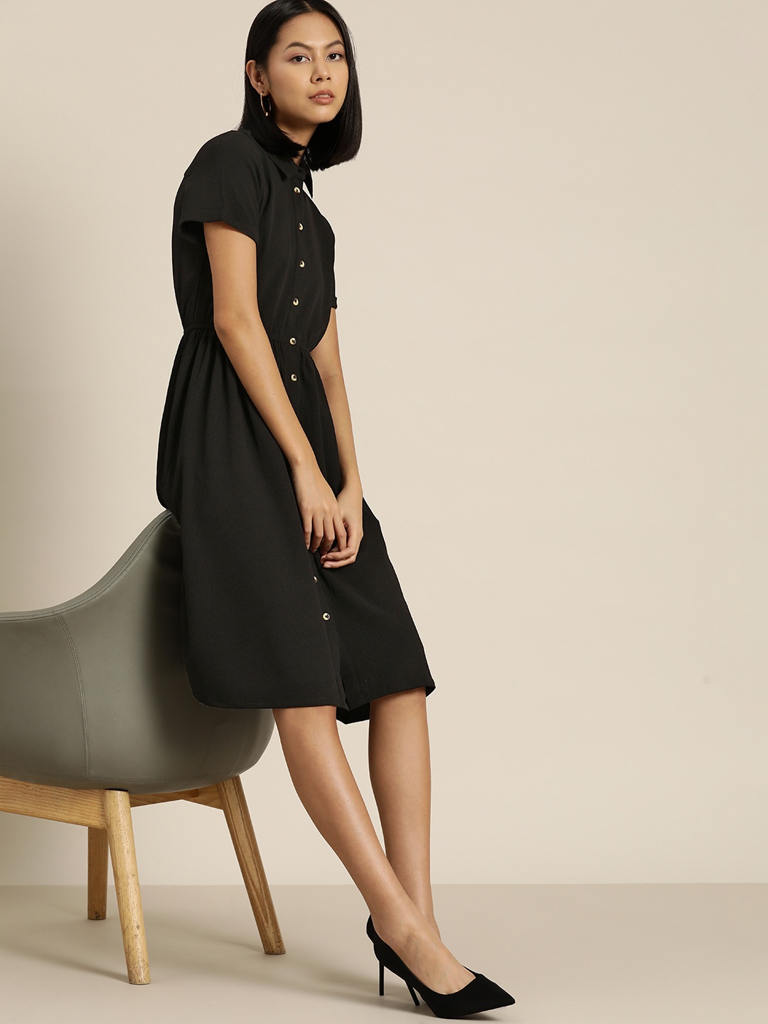 

her by invictus Textured Shirt Dress, Black