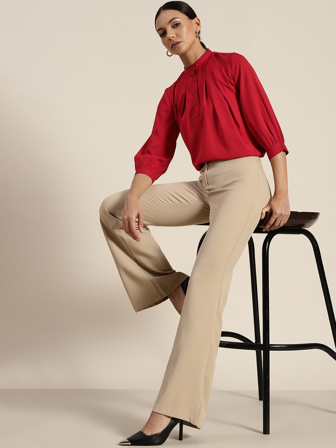 

her by invictus Mandarin Collar Puff Sleeve Top, Maroon