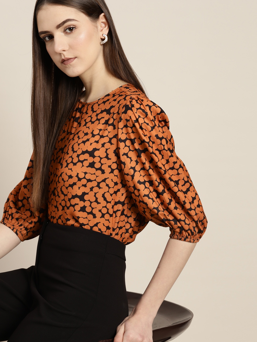 

her by invictus Printed Puff Sleeves Top, Rust