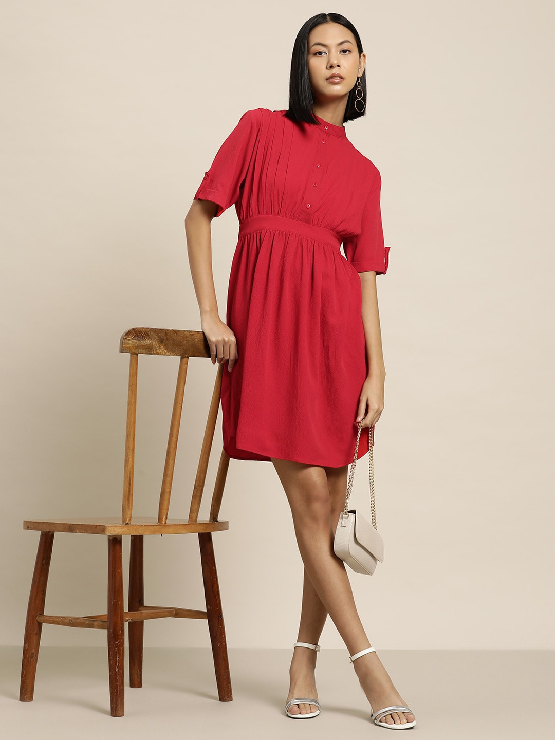

her by invictus Solid Gathered Detail A-Line Dress with Elasticated Waist, Red