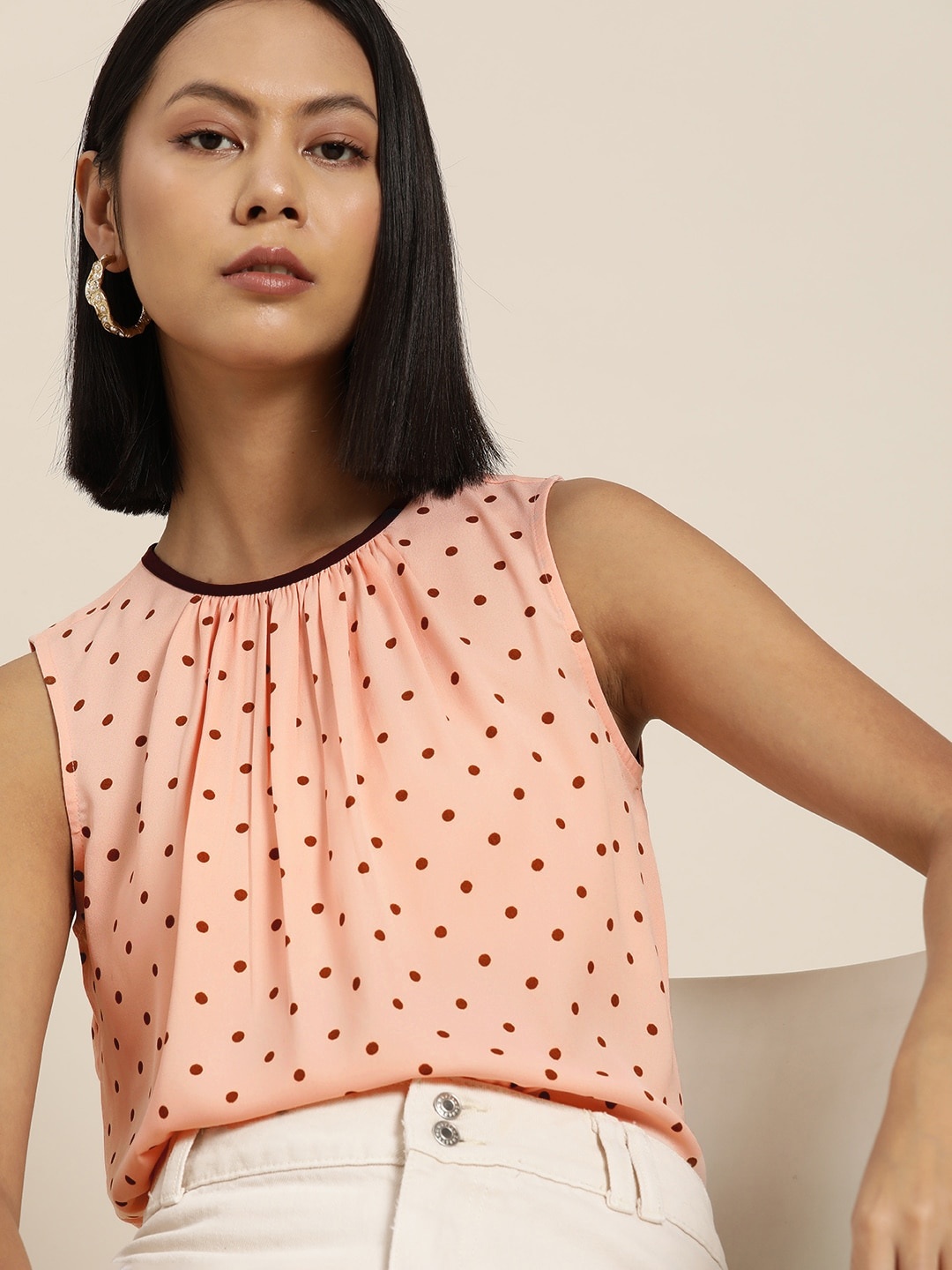 

her by invictus Polka Dots Print Gathered Round Neck Sleeveless Top, Peach