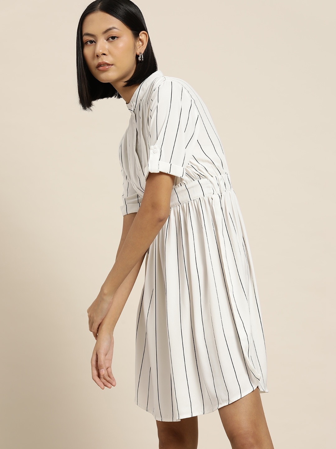 

her by invictus Striped Gathered Detail A-Line Dress with Elasticated Waist, Off white