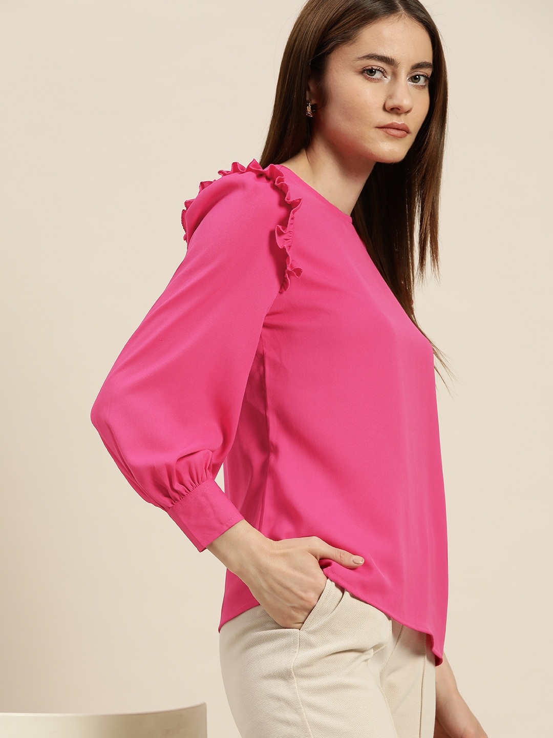 

her by invictus Puff Sleeves Ruffles-Detailed Top, Pink