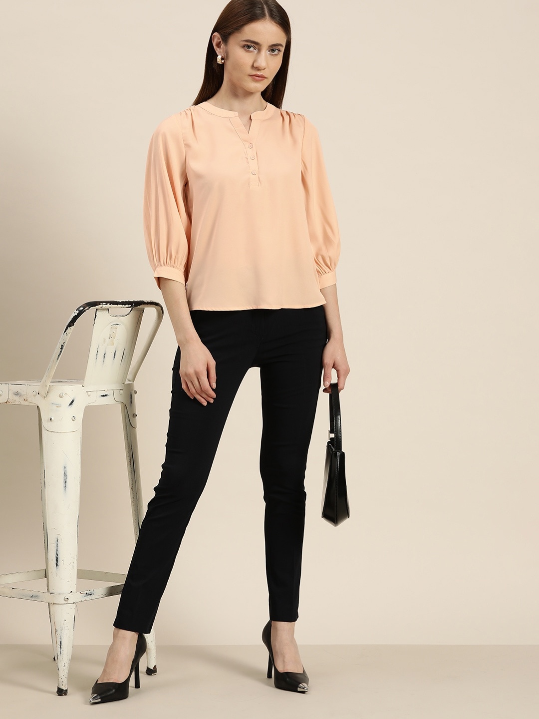 

her by invictus Mandarin Collar Puff-Sleeves Top, Peach
