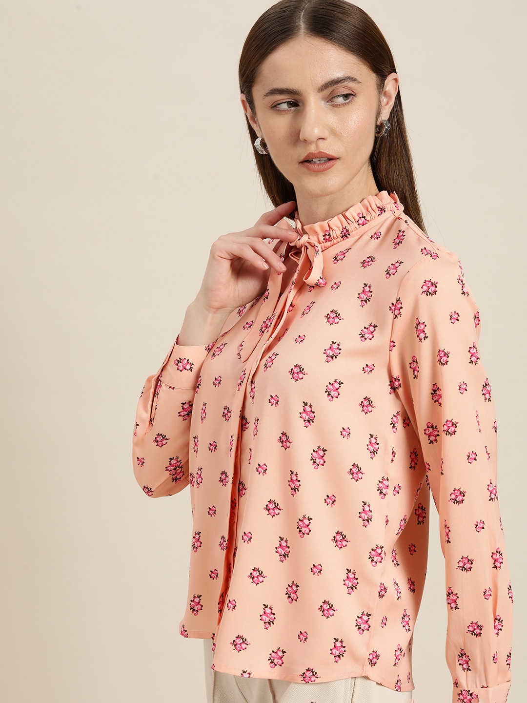 

her by invictus Women Floral Printed Tie-Up Neck Formal Shirt, Peach