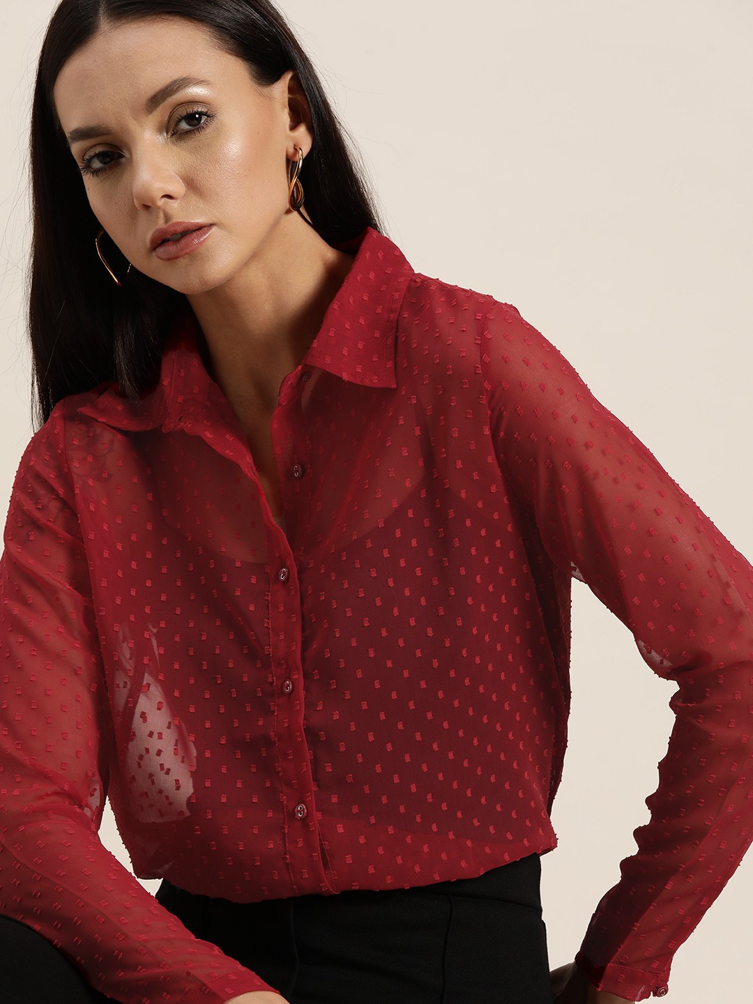 

her by invictus Women Dobby Weaved Semi Sheer Semi-Formal Shirt, Maroon