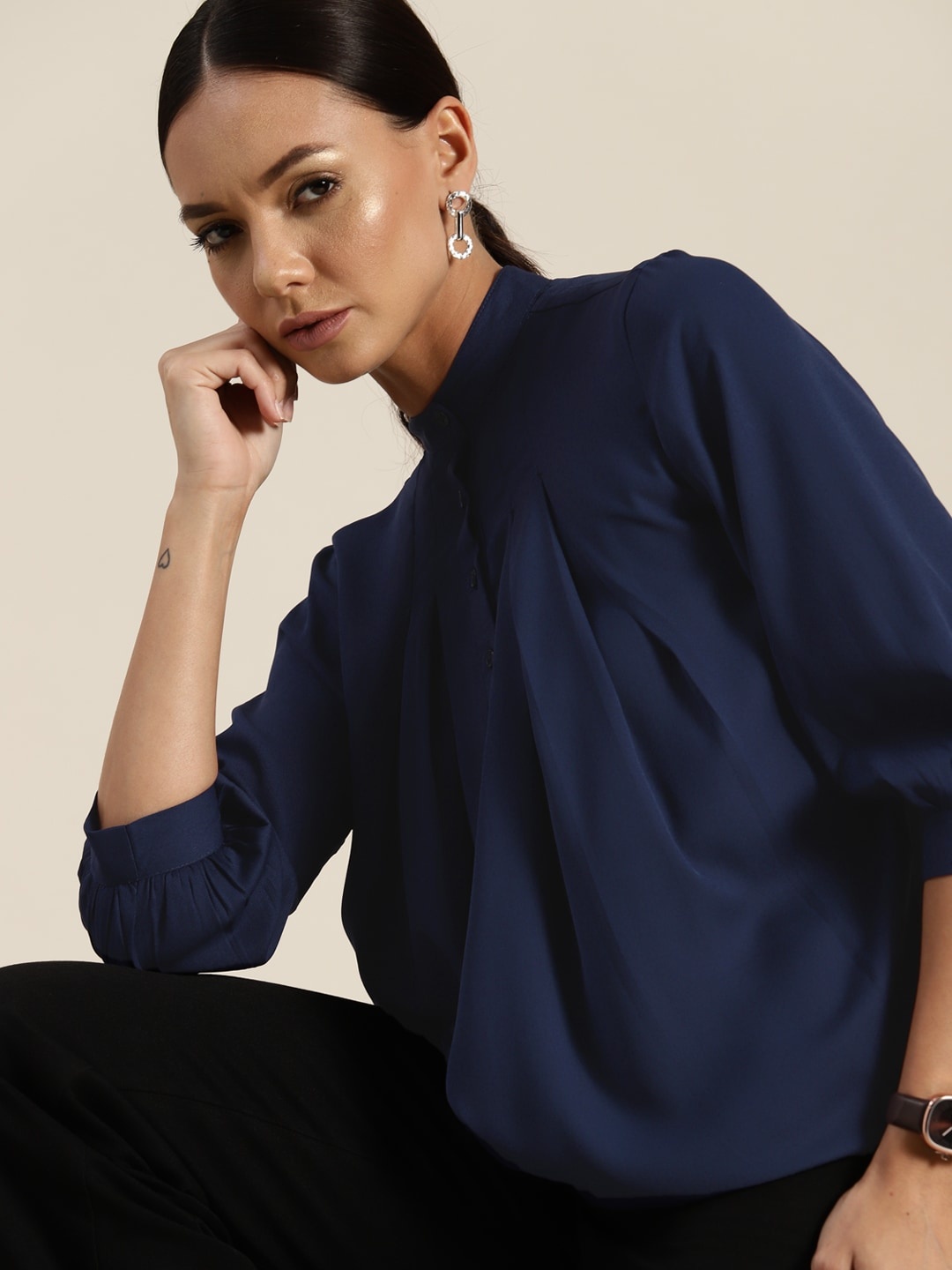 

her by invictus Mandarin Collar Puff Sleeve Top, Navy blue