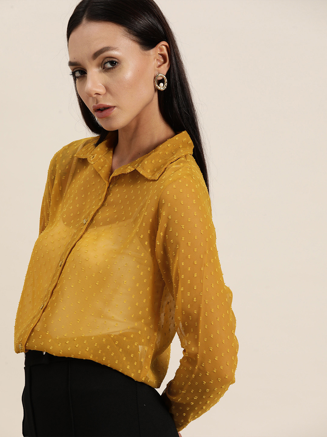 

her by invictus Women Dobby Weaved Semi Sheer Semi-Formal Shirt, Mustard