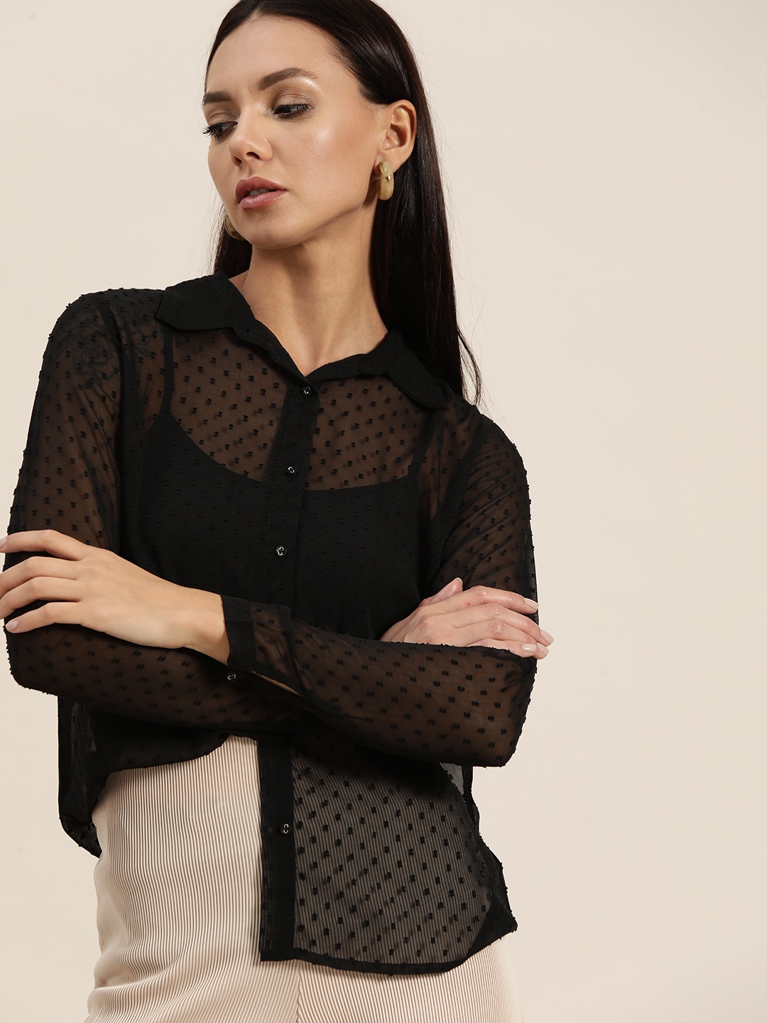 

her by invictus Dobby Weaved Semi Sheer Shirt, Black