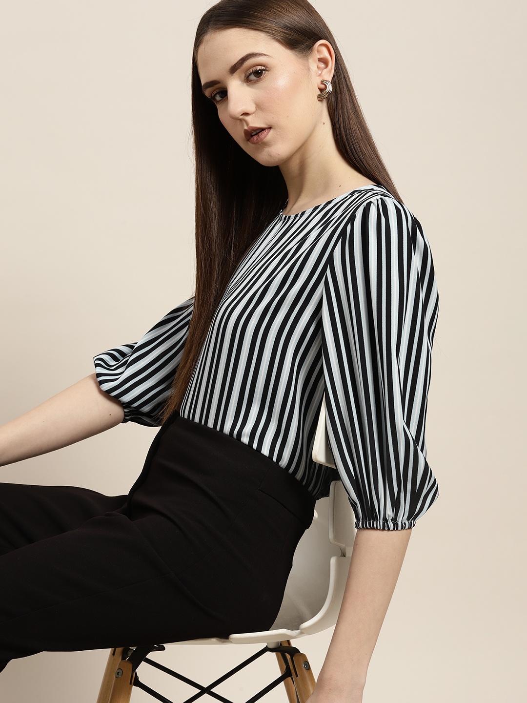 

her by invictus Striped Puff Sleeves Top, Blue