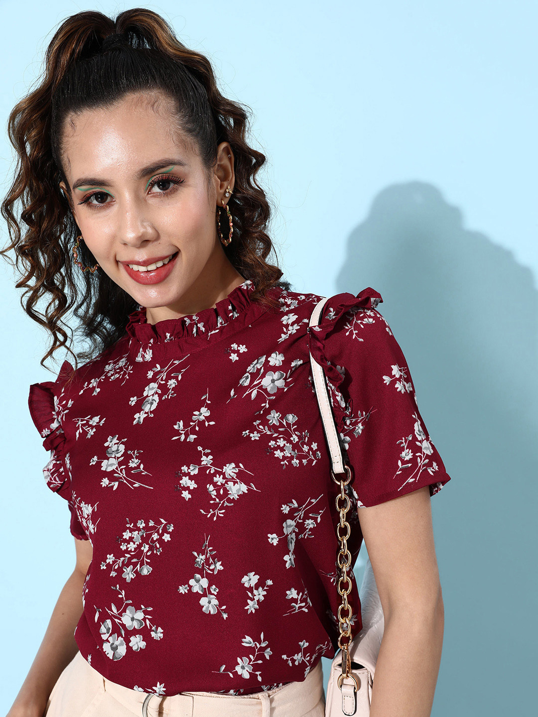 

her by invictus Magic Maroon & White Floral Print Feminine Frills Top