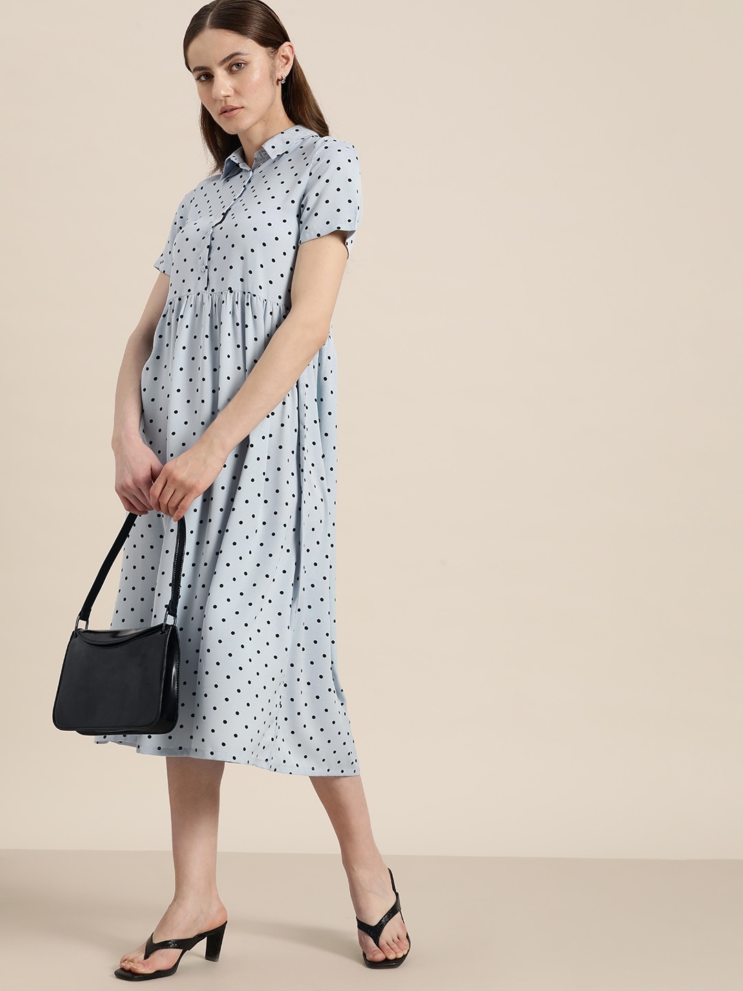 

her by invictus Polka Dots Print Midi Shirt Dress, Blue