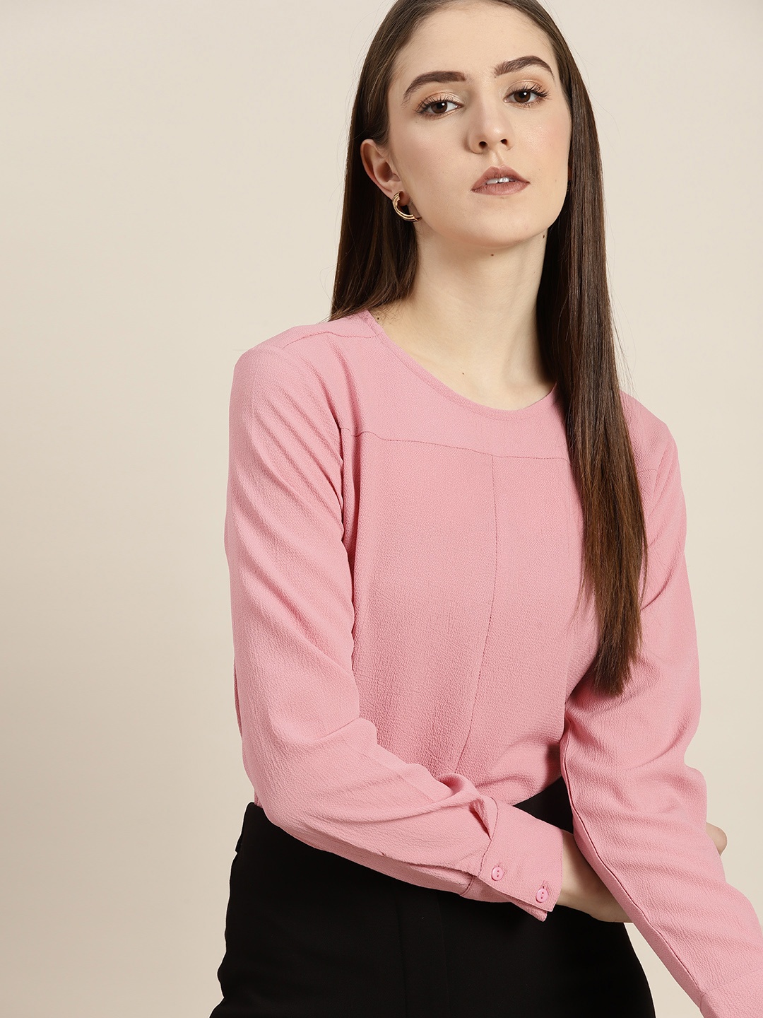 

her by invictus Solid Textured Cuffed Sleeves Top, Pink