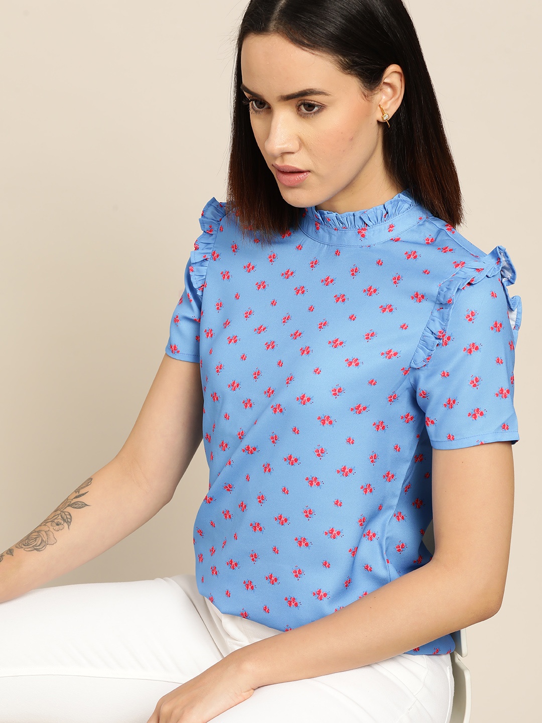 

her by invictus Floral Print Puff Sleeve Top, Blue